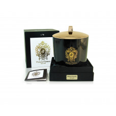 Tiziana Terenzi black maxi glass camino with lid, and gold decoration, 3 wooden wicks - almond vanilla 